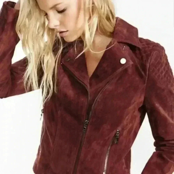 Express Jacket Suede Biker Moto Genuine Leather Oxblood Women's size Large - Picture 3 of 16